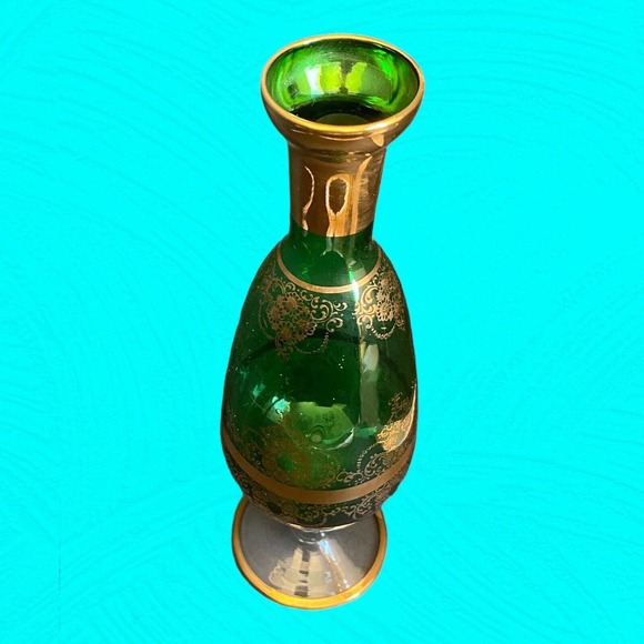 Vintage Green Glass Footed Vase, Gold Trim 10 1/2” Tall - Picture 5 of 9